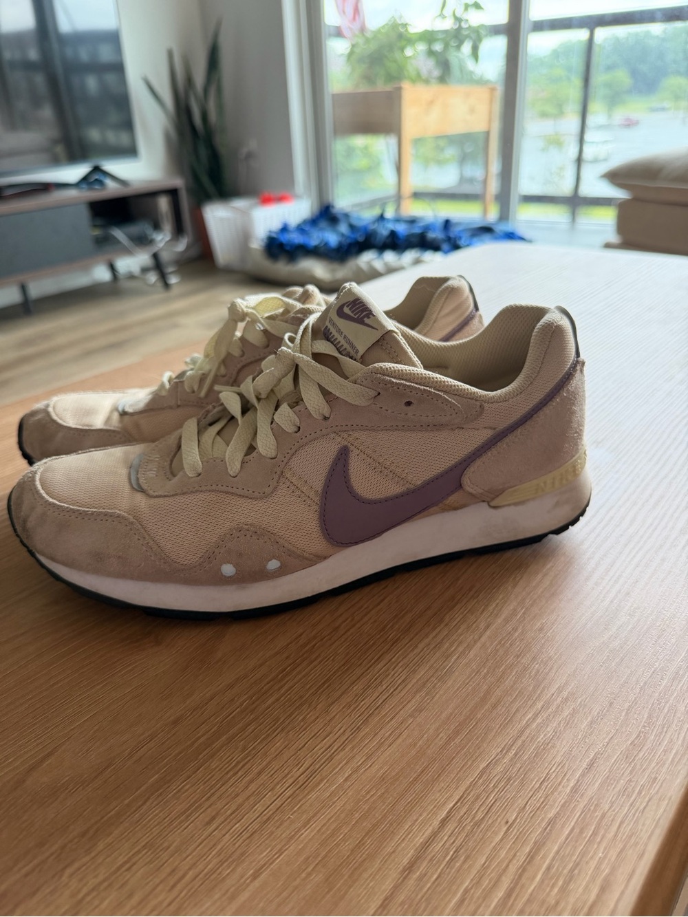 Nike Women's Tan Sneakers with Lavender Swoosh